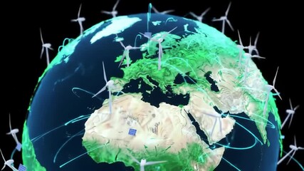 Glowing Digital Planet Earth with Working Wind Turbines – Renewable Energy, Green Technology, and Sustainable Power Concept - Powered by Adobe