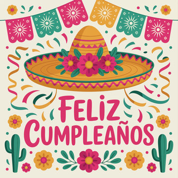 Feliz Cumpleanos Mexican Fiesta Sombrero Cacti Flowers Confetti Celebration graphic