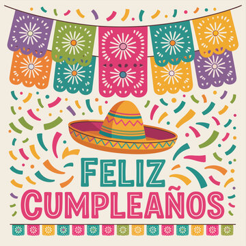 Feliz Cumpleanos Mexican Fiesta Sombrero Papel Picado Border Celebration graphic design