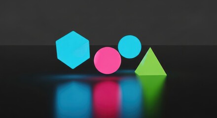 Geometric shapes in vibrant hues, digitally rendered with reflecting surfaces highlighting modern