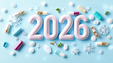 Numbers "2026" created from colorful capsules and tablets on a light blue background with snowflakes, symbolizing Christmas healthcare concept, festive medical theme, winter holiday wellness