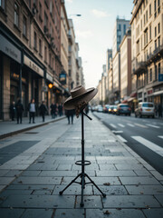 Busker's hat and instrument stand deserted on city street, cityscape, background, daytime