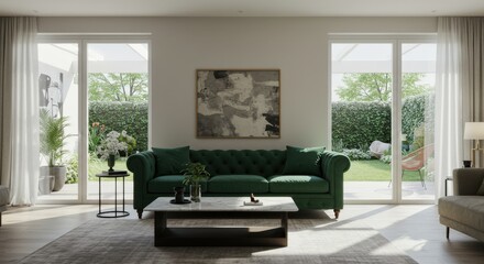 Fototapeta premium Elegant Living Room with Green Sofa Garden View and Art.
