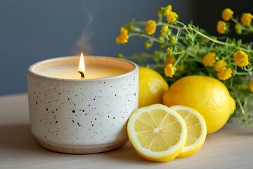 Round candle in a minimalist ceramic container next to sliced lemons and herbal steam