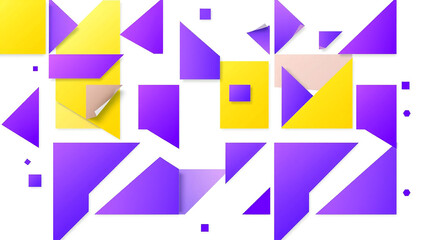 Abstract geometric pattern with purple and yellow triangles and squares isolated on white background, creating a modern and playful design for various applications