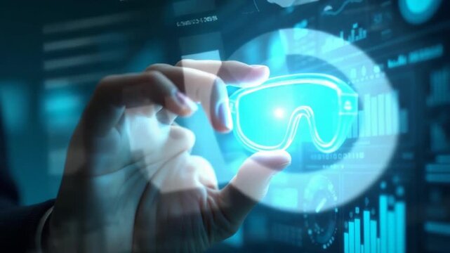 Hands interacting with futuristic digital interface display UI hologram glowing virtual reality smart glass projection AR VR AI technology information statistics business audit
