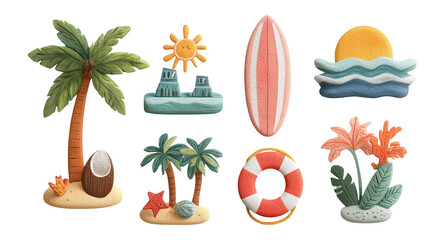 Obraz premium Tropical Coastal Illustrations Featuring Surfboard, Palm Trees, and Sun