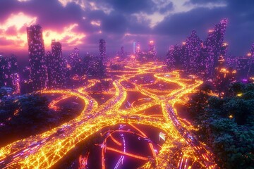 Fototapeta premium Cityscape showcasing illuminated transportation with vibrant lights and greenery at night