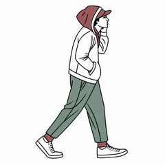 Fototapeta premium Simple line art illustration of a young man walking in a hoodie and casual relaxed-fit pants on an isolated white background