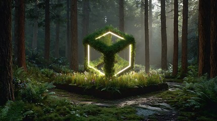 Work-from-anywhere cube hovering in forest with neon-lit interfaces and green floor