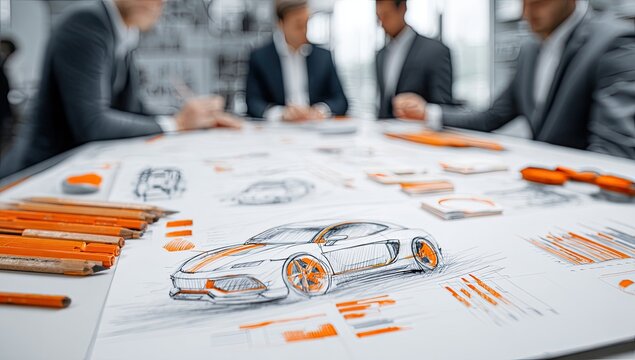 Business team reviewing car design sketches - Powered by Adobe