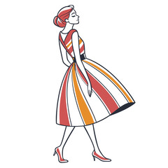 Elegant woman in a colorful striped vintage dress. Simple vector fashion illustration isolated on a white background