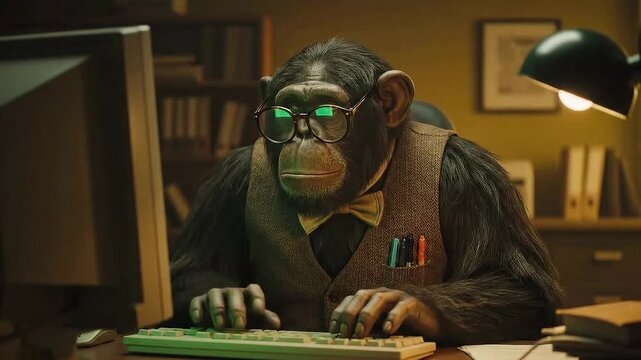 Funny Chimpanzee Professor Typing On An Old Keyboard In A Vintage Office Setting