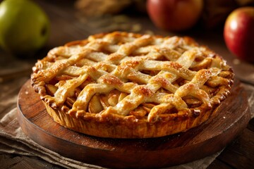 A freshly baked apple pie sits on a wooden surface, surrounded by apples and pears. Its golden crust is beautifully woven, showcasing a classic homemade dessert perfect for gatherings