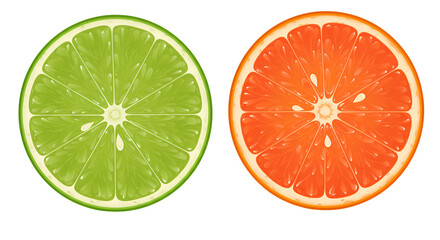 Fototapeta premium Two citrus fruit halves, one green lime and one orange grapefruit, are displayed side-by-side against a clean white background.