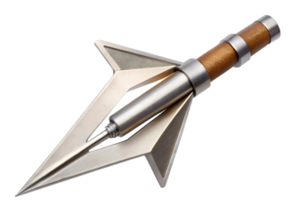 A modern arrow with a wide metal arrowhead and textured grip, isolated on transparent background