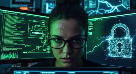 Intense hacker with sweat, glasses, and multiple monitors displaying code and a digital padlock
