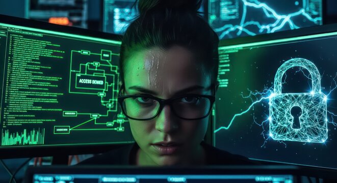 Intense hacker with sweat, glasses, and multiple monitors displaying code and a digital padlock