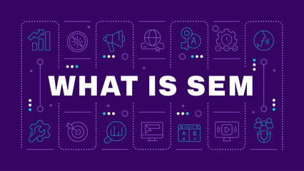 What is SEM purple word concept. Lead generation, analytics. Artificial intelligence. Horizontal vector image. Headline text surrounded by editable outline icons. Hubot Sans font used