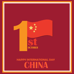 1 October. China Happy National Day greeting card. Celebration background with waving flag and map. Vector illustration