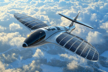 Naklejka premium Innovative bird-shaped aircraft with solar panel wings soaring above the clouds
