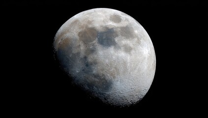Close-up of a gibbous moon, showing craters and varied tones