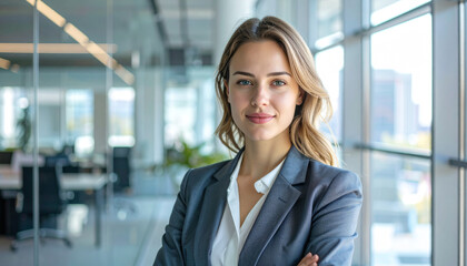Portrait of a confident young businesswoman wearing a formal suit, standing in a modern glass office with natural daylight, realistic corporate photography