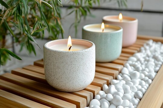 Scented candles in pastel ceramic jars placed on a wooden spa bench with white pebbles