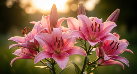 Fototapeta premium A close up shot of a cluster of pink lilies with green leaves and a blurred background in soft light