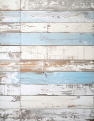 Rustic background of weathered wooden planks painted in alternating pastel blue and white, showing aged texture and wear