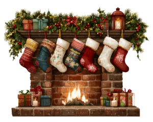 Festive Christmas fireplace with stockings hanging on the mantel, isolated on a transparent background, PNG.