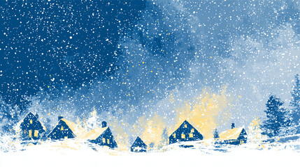 Charming Christmas card template, small snow-covered village houses with warm glowing windows, pine trees, falling snow, clear sky background with negative space for greeting