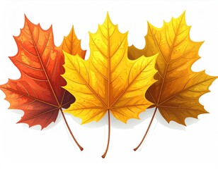 Fototapeta premium Three colorful, illustrated maple leaves in autumn hues of red, orange, and yellow, casting soft shadows on a white background