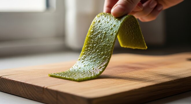 Hand holding green fruit leather over wooden board - Powered by Adobe