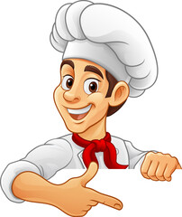 A chef, baker or cook cartoon mascot man peeking around a sign and pointing at it.
