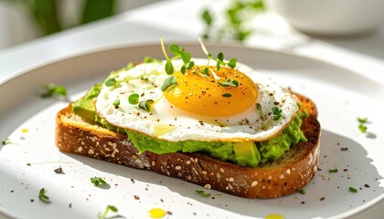 Avocado toast topped with a sunny-side-up egg and garnished with microgreens, presented on a white plate. Bright, clean aesthetic