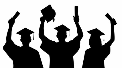 Silhouette of three graduates in caps and gowns raising diplomas and a graduation cap in celebration | editable eps vectors