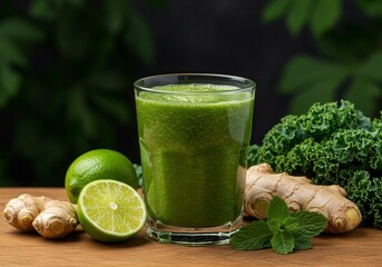 A clear glass filled with a frothy green smoothie placed on a wooden surface.