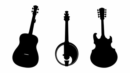 Three musical instruments silhouettes including a guitar banjo and electric guitar in black and white tone | editable eps vectors