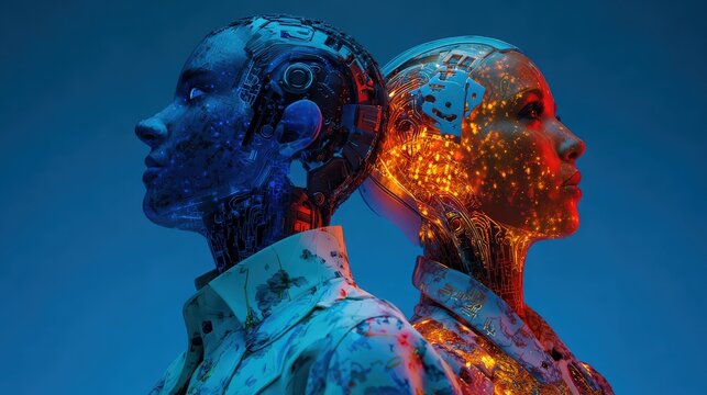 Electric blue and amber, collaborative coding between diverse employees and AI avatars, electric ambiance 