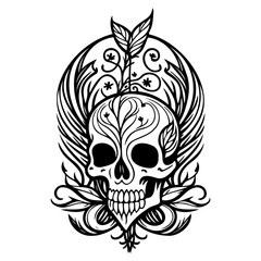 Detailed skull artwork with floral and ornate elements creating a macabre yet beautiful