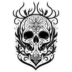 Detailed skull botanical illustration black and white ink drawing with flora elements for edgy