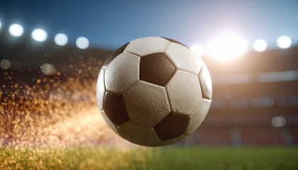 Naklejka premium A soccer ball flying with sparkling trails over a stadium field at night under bright lights.