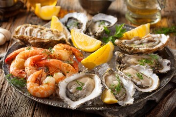 Freshly prepared seafood platter includes succulent shrimp and various oysters arranged with lemon wedges. A rustic table enhances the culinary appeal, perfect for sharing
