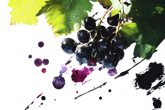 Delicious black grapes with green leaves and watercolor splatters fresh fruit food photography isolated on transparent background