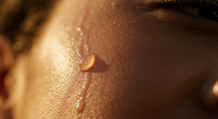 Fototapeta premium A macro photograph captures a single, glistening droplet of liquid on a person's skin, illuminated by warm, golden light.