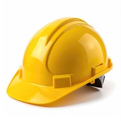 A bright yellow, hard safety hat rests on a clean white surface, casting a soft shadow. The helmet features curved ridges and a black adjustable strap