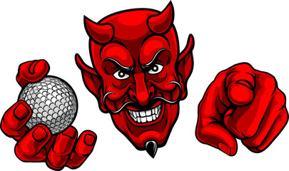 A devil man holding golf ball and pointing sports team mascot illustration.