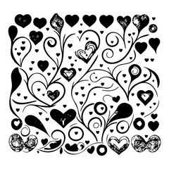 Elaborate black and white abstract design showcasing hearts and swirling floral elements creating