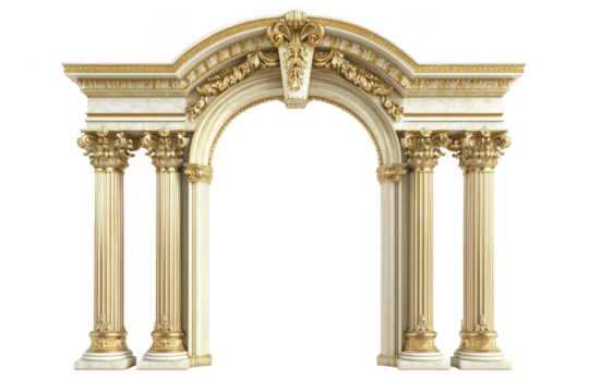Elegant architectural archway with columns, gold accents, stone texture, building element, entrance design, isolated on transparent background